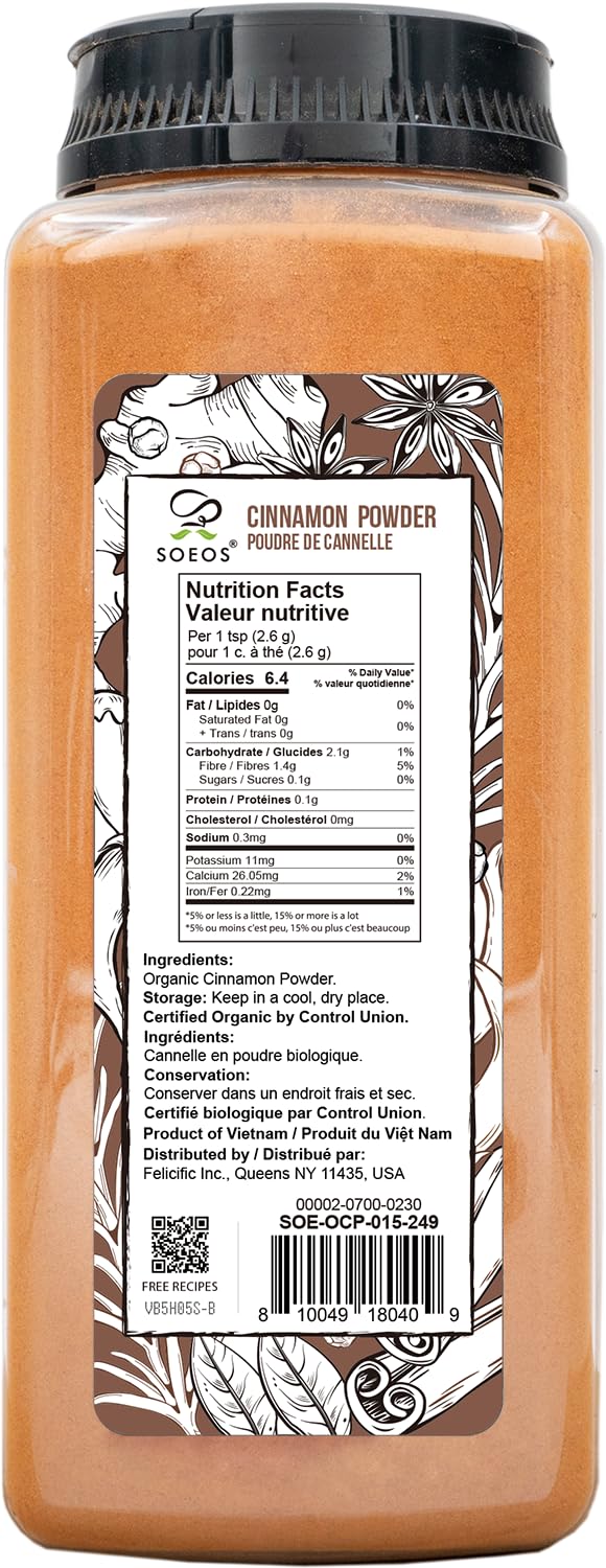 Soeos Organic Cinnamon Powder jar label communicates premium quality for pantry use.