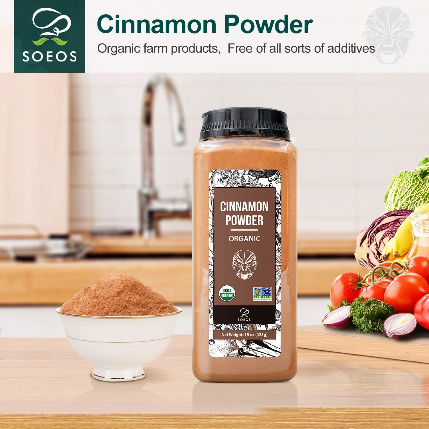 Soeos Organic Cinnamon Powder spoon close-up reveals fine grind and warm hue.