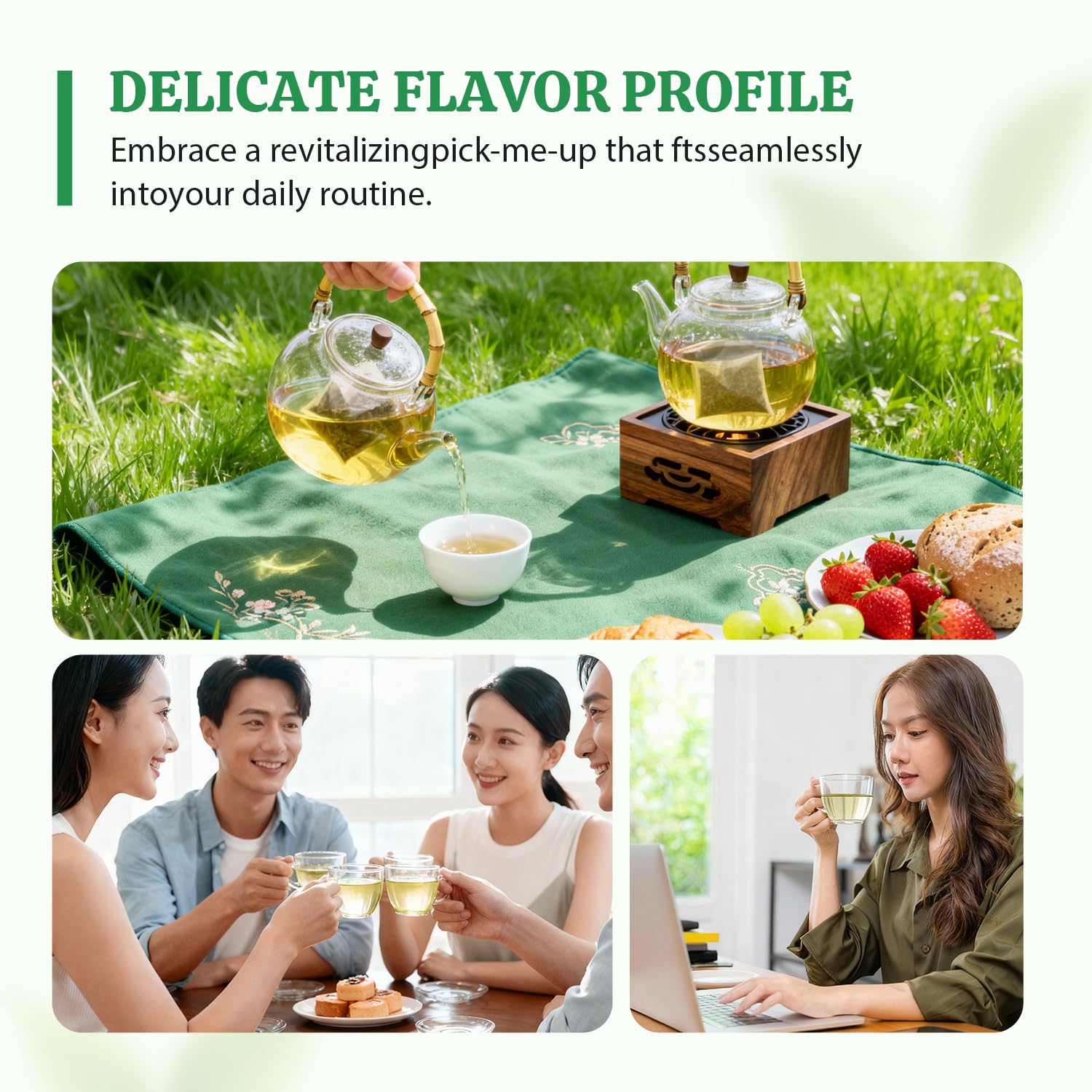 Soeos Organic Green Tea brewing methods suited for hot or iced preparations.
