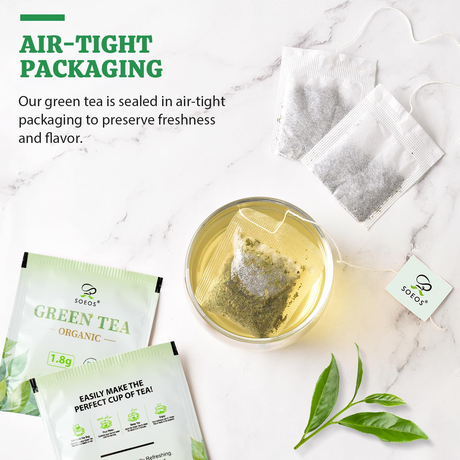 Soeos Organic Green Tea in a fresh cup, ideal for daytime refreshment.