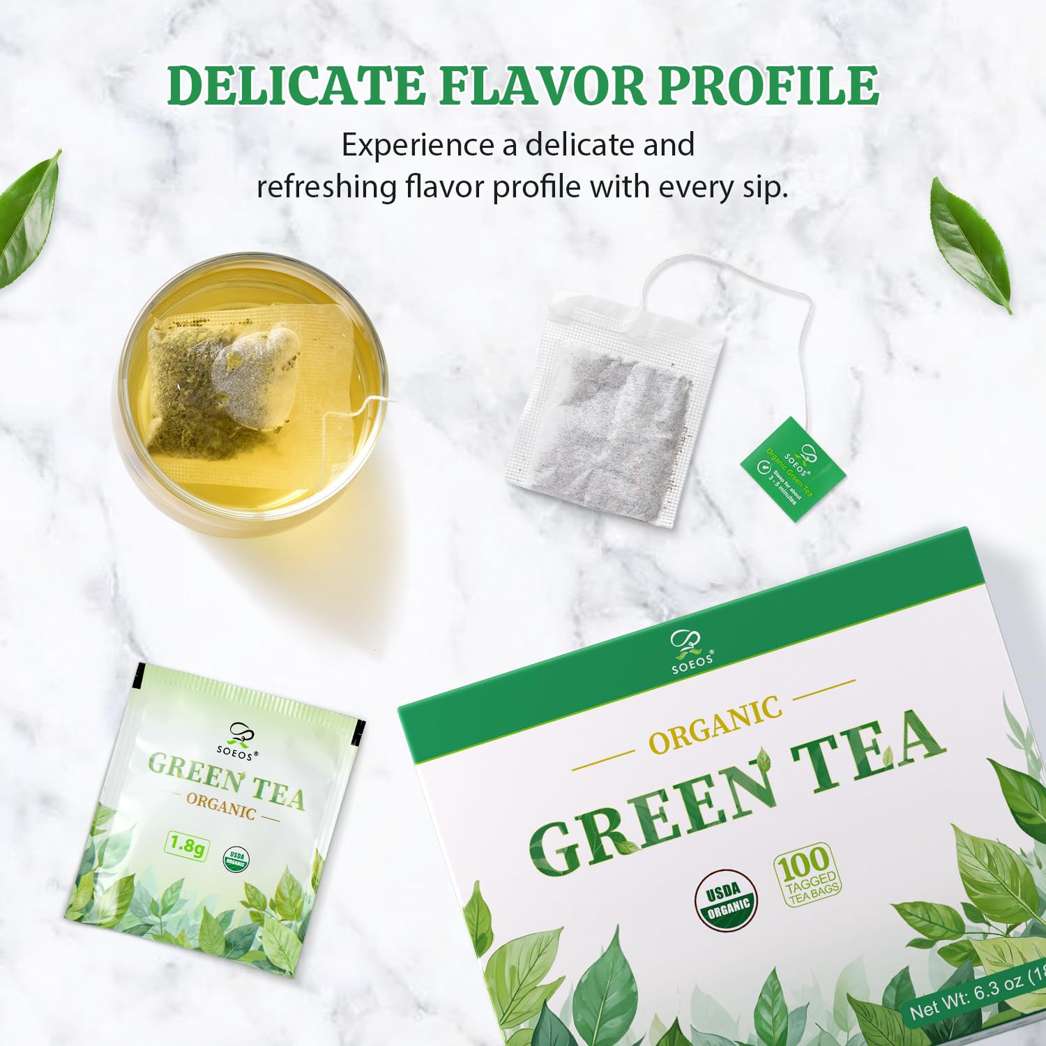 Soeos Organic Green Tea hot brew presents a bright aroma.