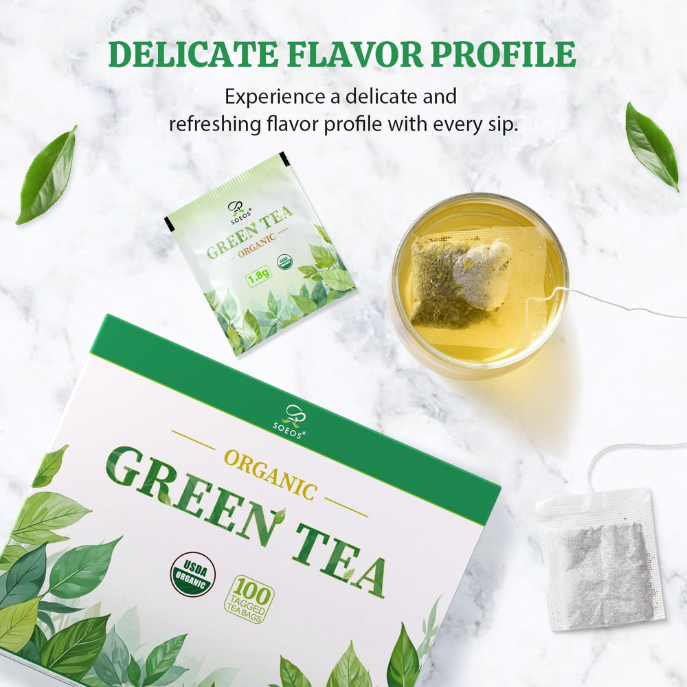 Soeos Organic Green Tea packaging and kettle setup, perfect for mindful morning rituals.