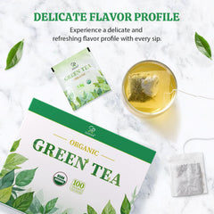 Soeos Organic Green Tea packaging and kettle setup, perfect for mindful morning rituals.