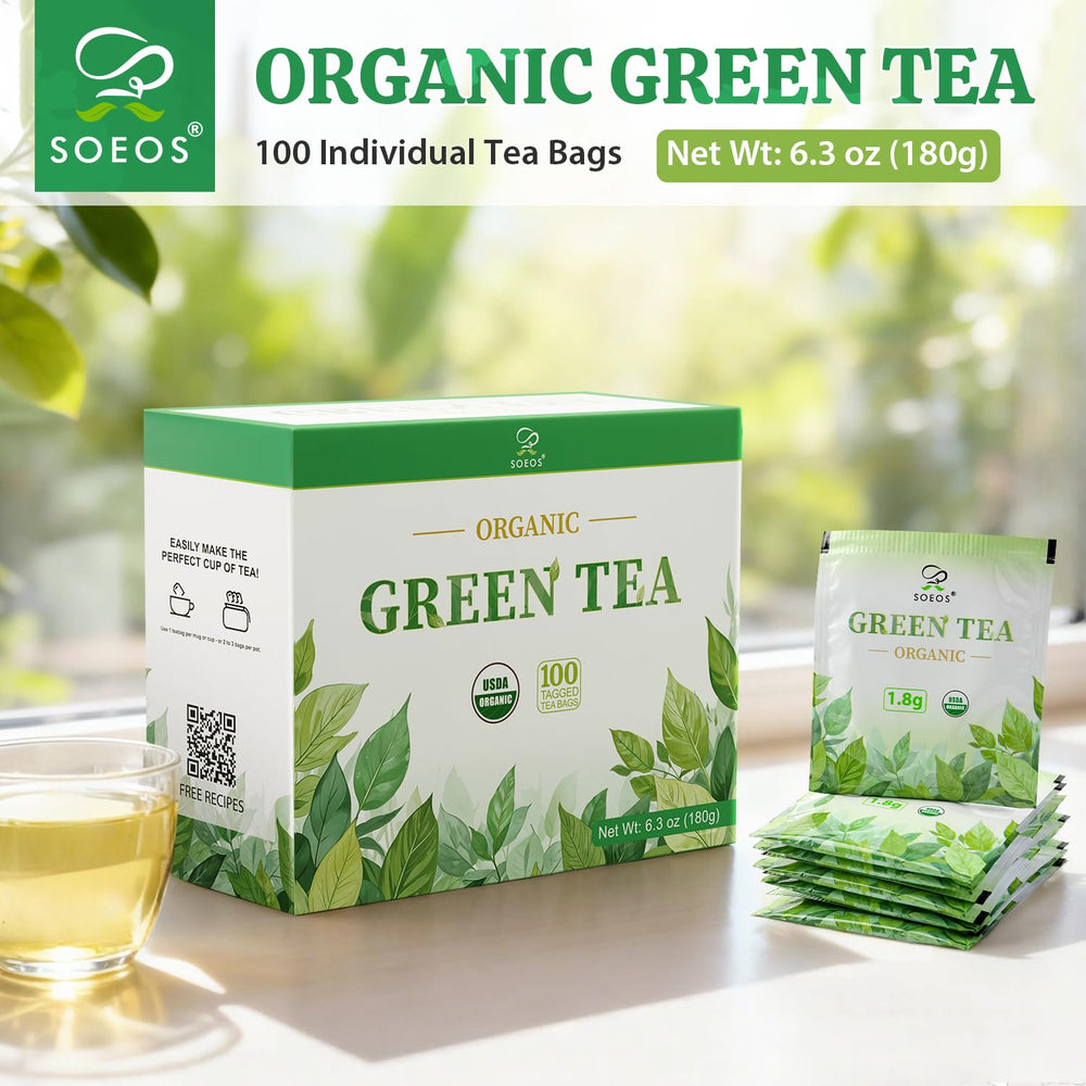 Soeos Organic Green Tea leaves closeup showing vibrant, fresh greens.