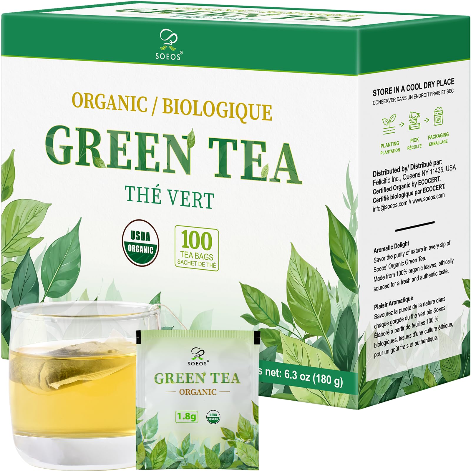Soeos Organic Green Tea bags in packaging, ideal for convenient daily brewing.