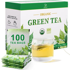 Soeos Organic Green Tea packaging highlights sustainable sourcing and freshness.