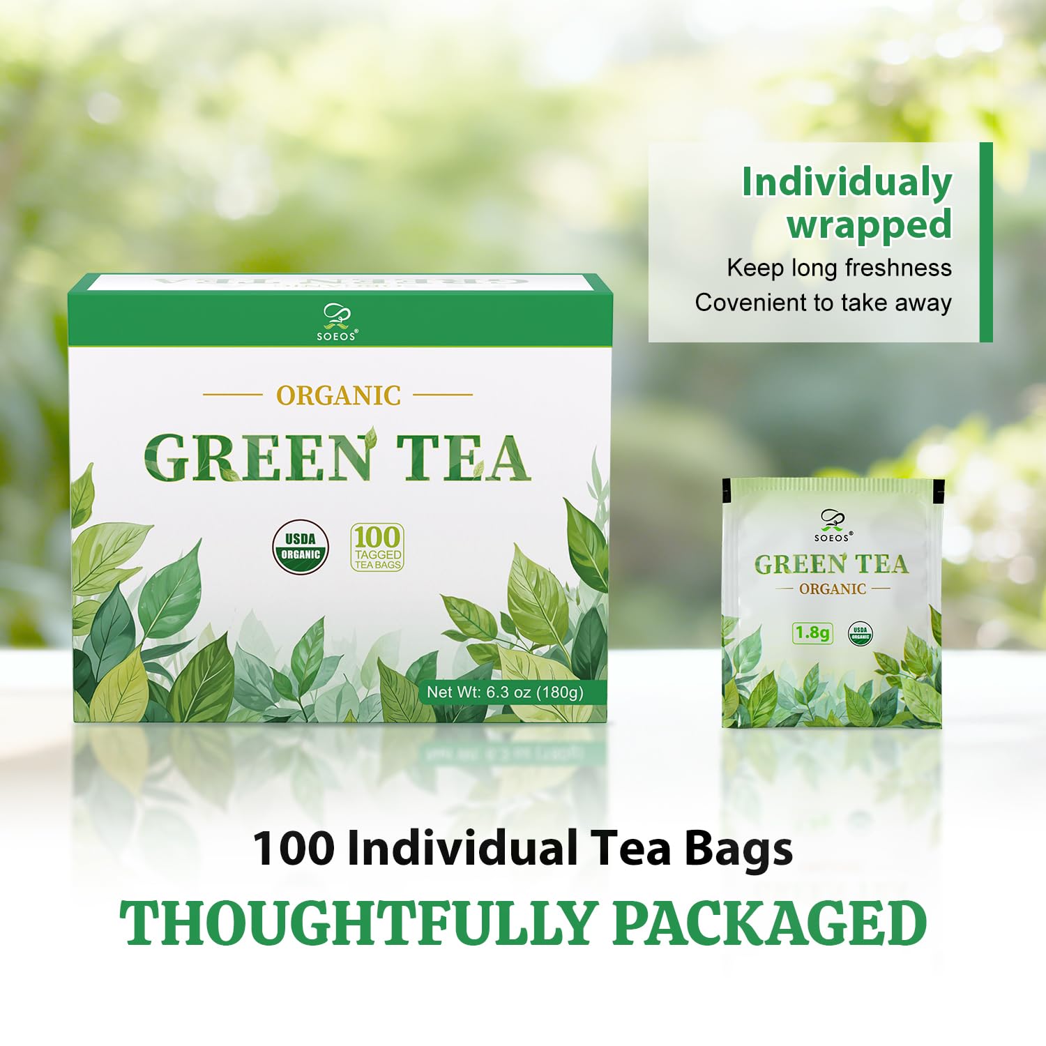 Soeos Organic Green Tea steeped cup releasing fragrant steam.