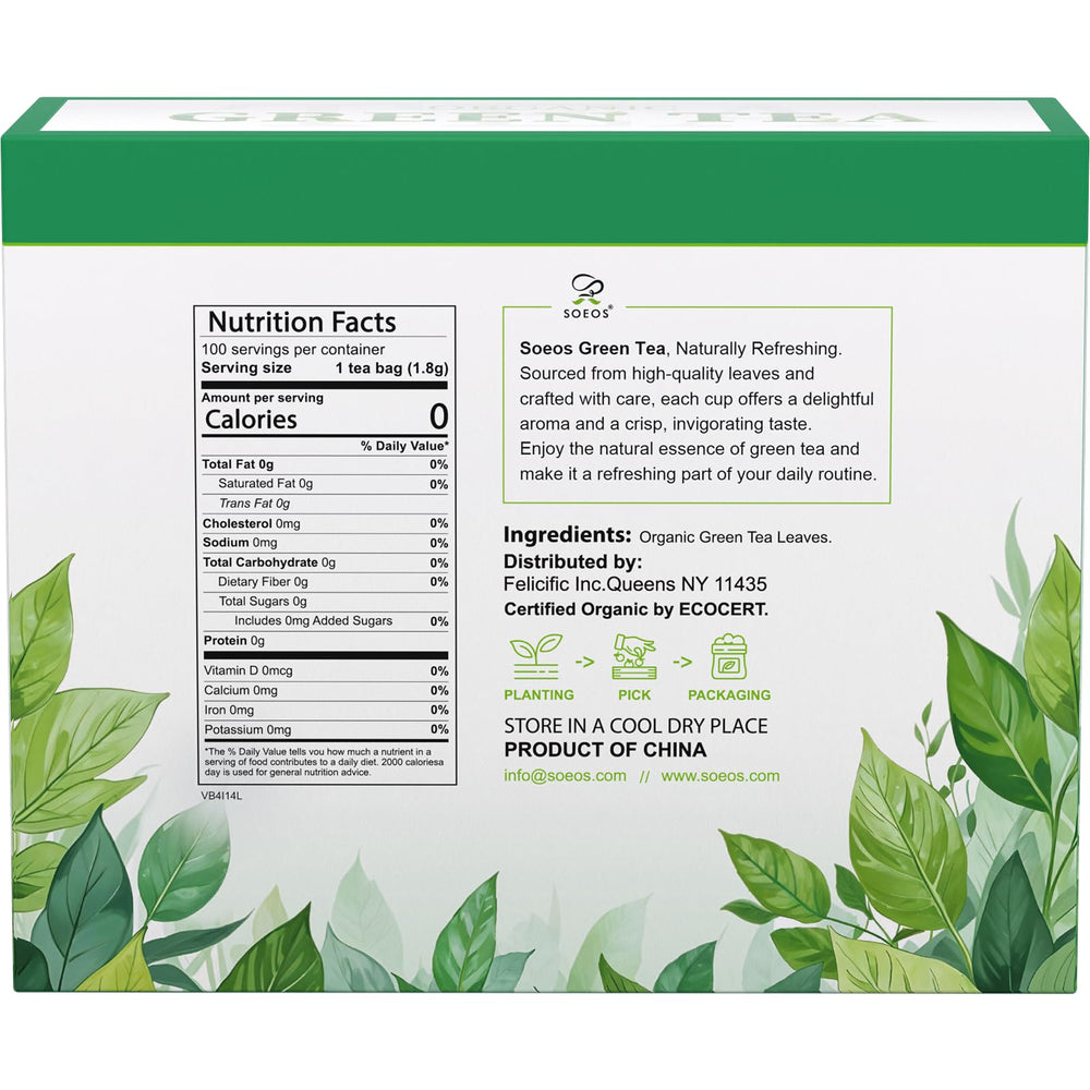Soeos Organic Green Tea bags ready for steeping and daily refreshment.