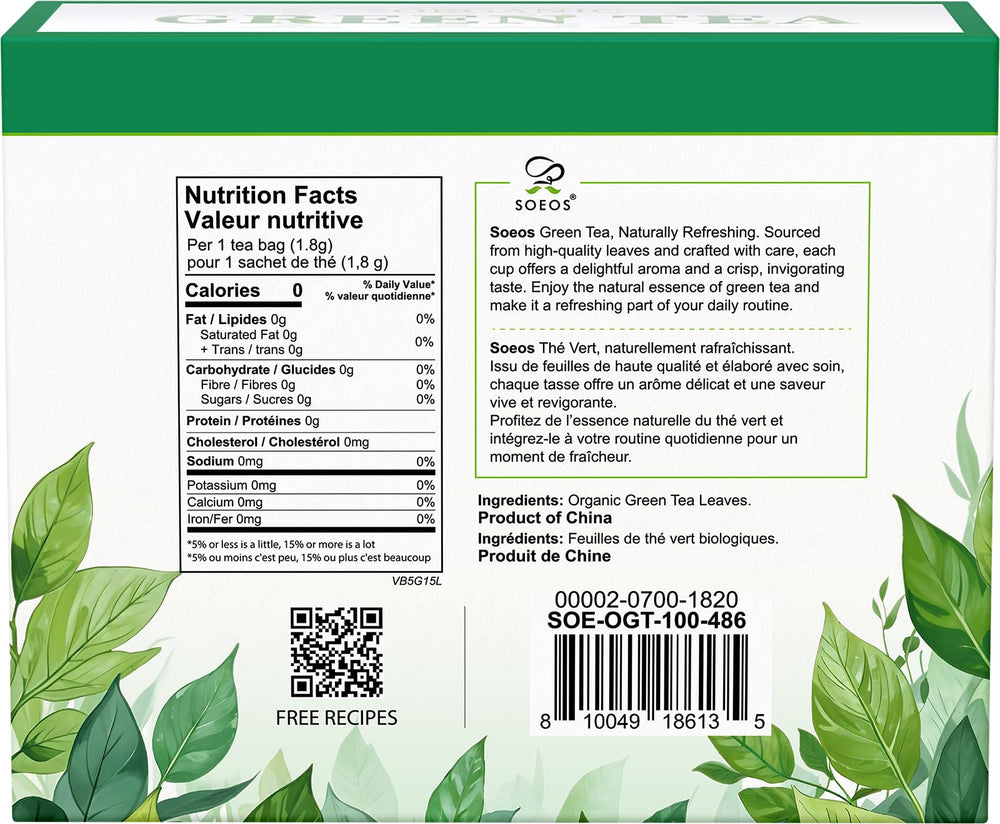 Soeos Organic Green Tea tea bags on a cup, delivers a fresh, balanced flavor.