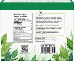 Soeos Organic Green Tea tea bags on a cup, delivers a fresh, balanced flavor.