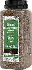 Soeos Organic Ground Black Pepper bottle closeup with fresh aroma for everyday seasoning