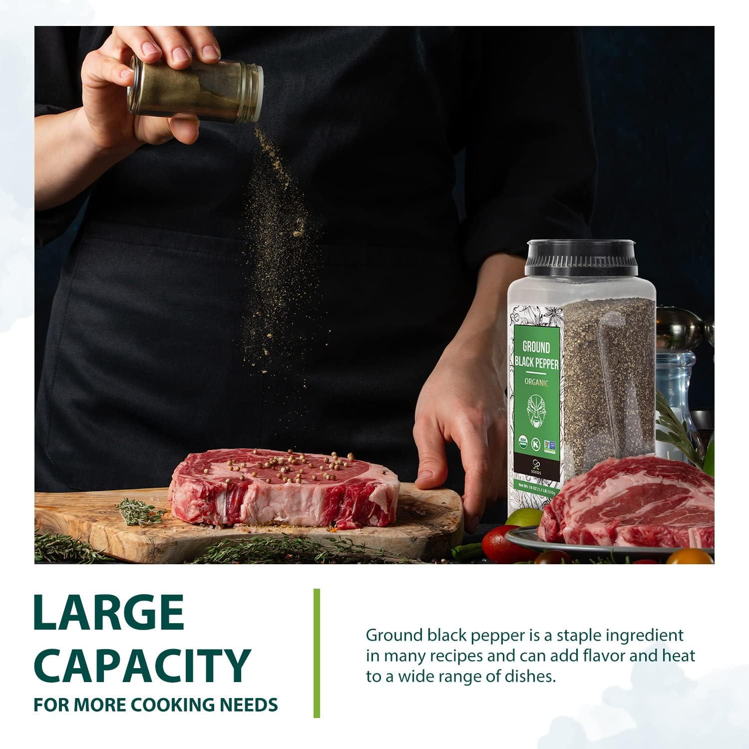 Soeos Organic Ground Black Pepper front label highlights organic, non-GMO, kosher credentials