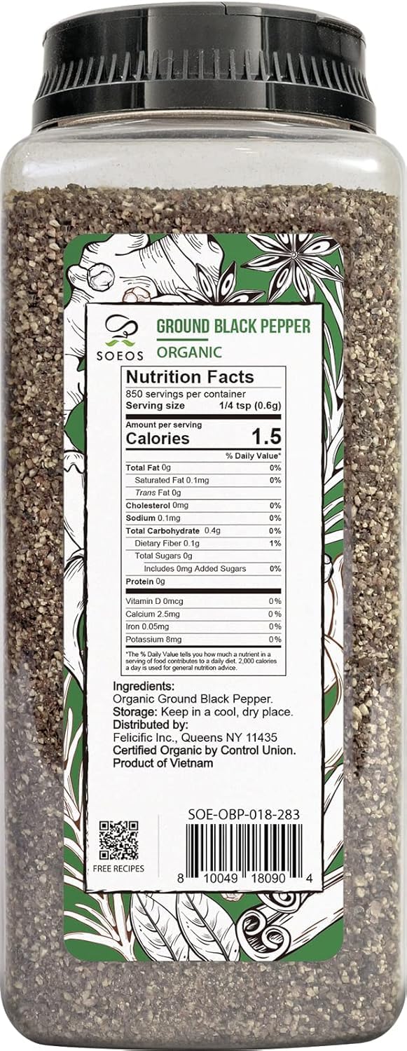 Soeos Organic Ground Black Pepper packaging sealed to preserve freshness