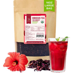 Soeos Organic Hibiscus Flower Tea bulk bag provides pure petals for a tart, caffeine-free refreshment.
