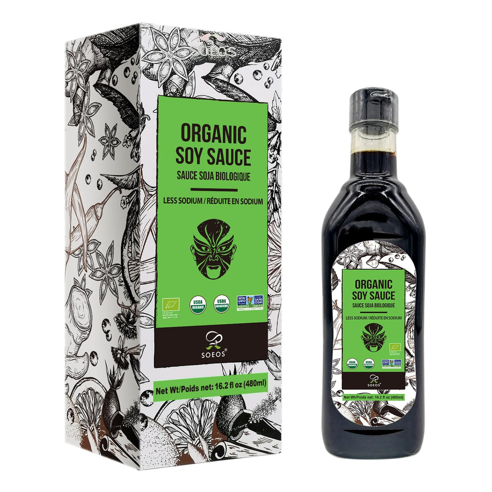 Soeos organic low-sodium soy sauce bottle for healthier, savory flavor.