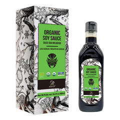 Soeos organic low-sodium soy sauce bottle for healthier, savory flavor.