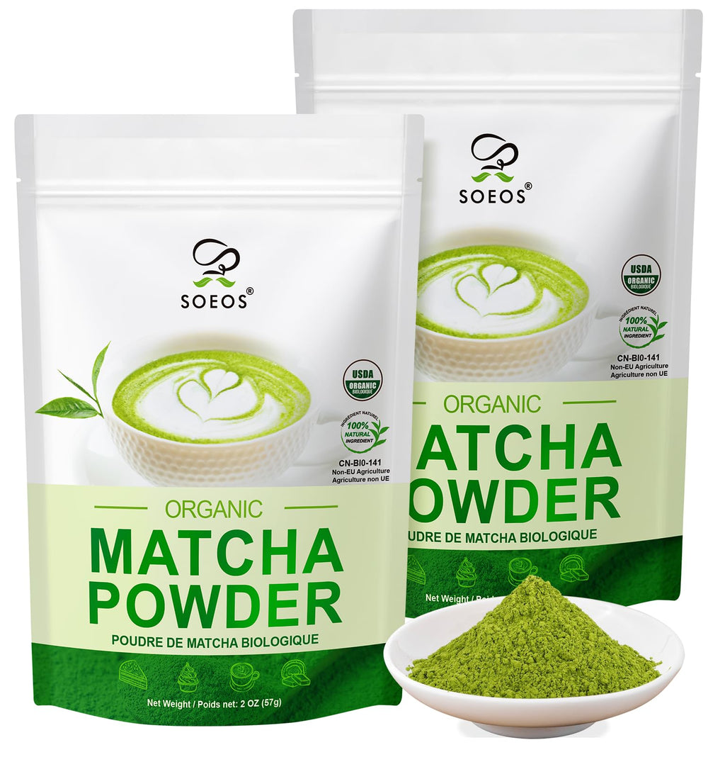 Soeos Organic Matcha powder packaging emphasizes freshness and resealability.