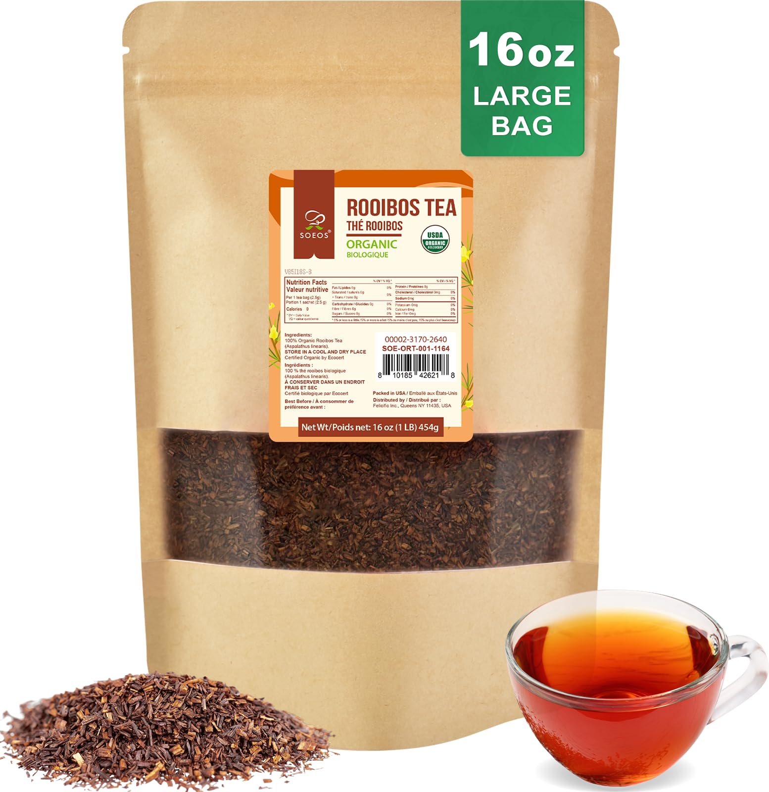 Soeos Organic Red Rooibos loose-leaf tea 16oz with rich aroma.