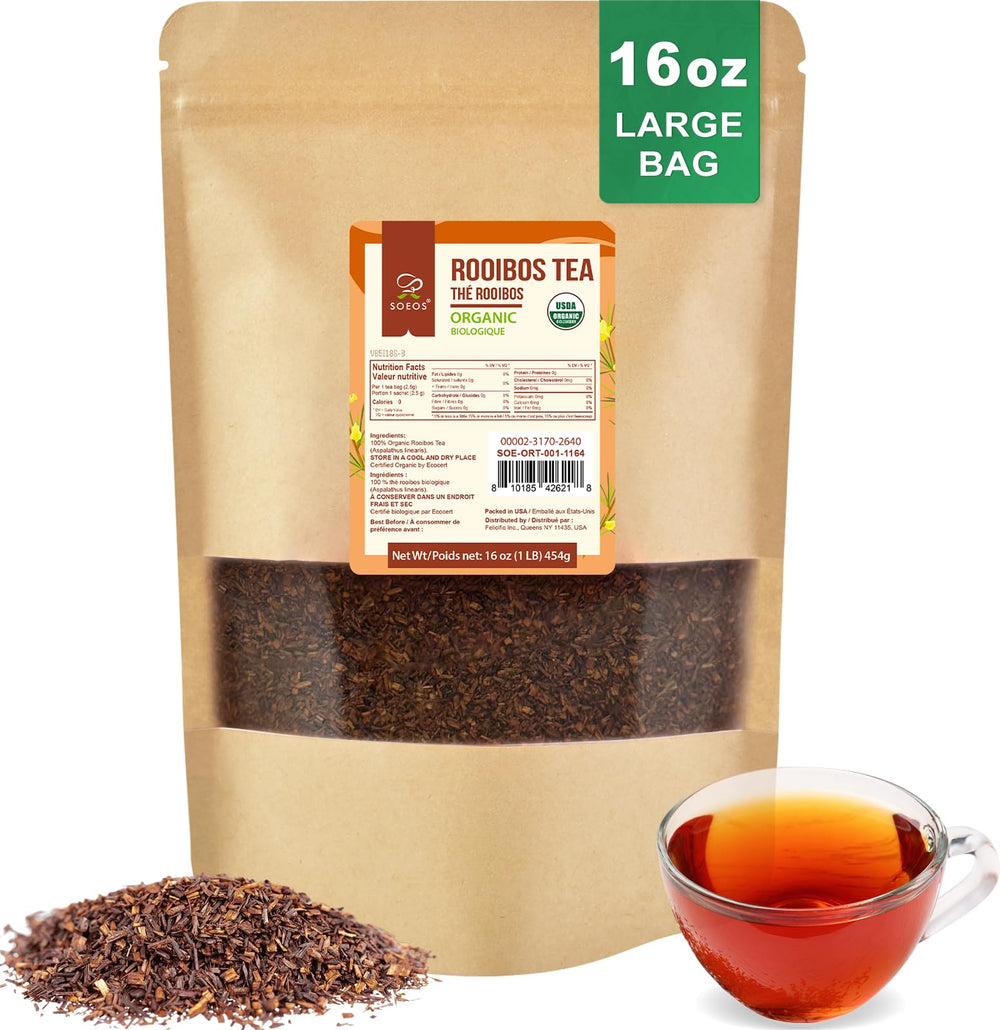 Soeos Organic Red Rooibos loose-leaf tea 16oz with rich aroma.