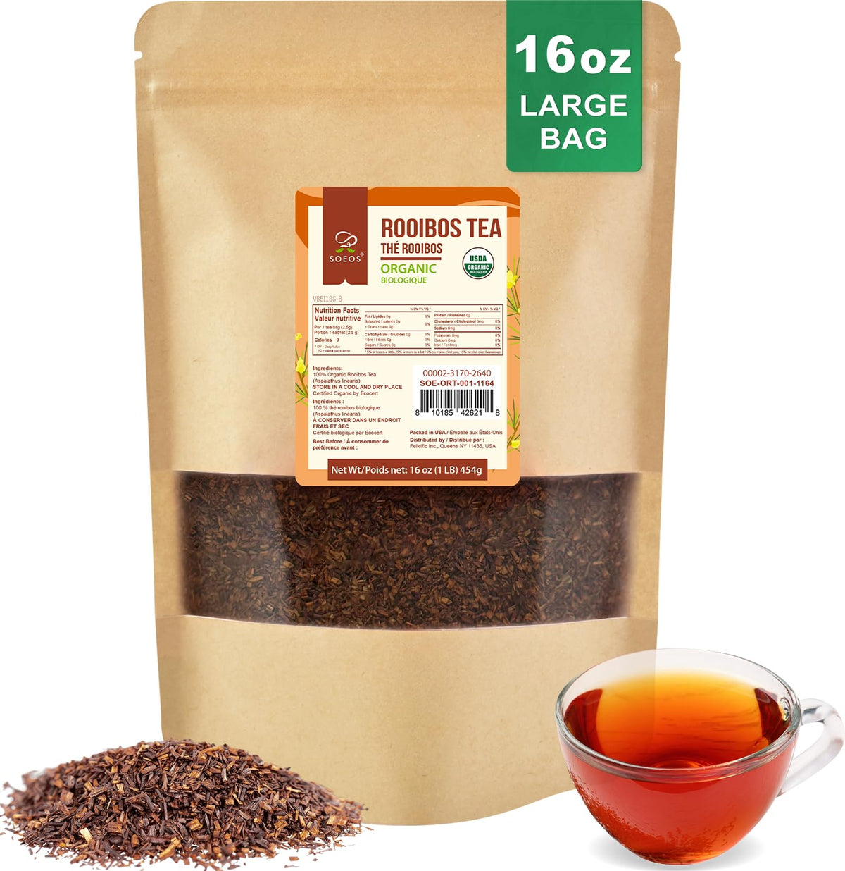Soeos Organic Red Rooibos loose-leaf tea 16oz with rich aroma.