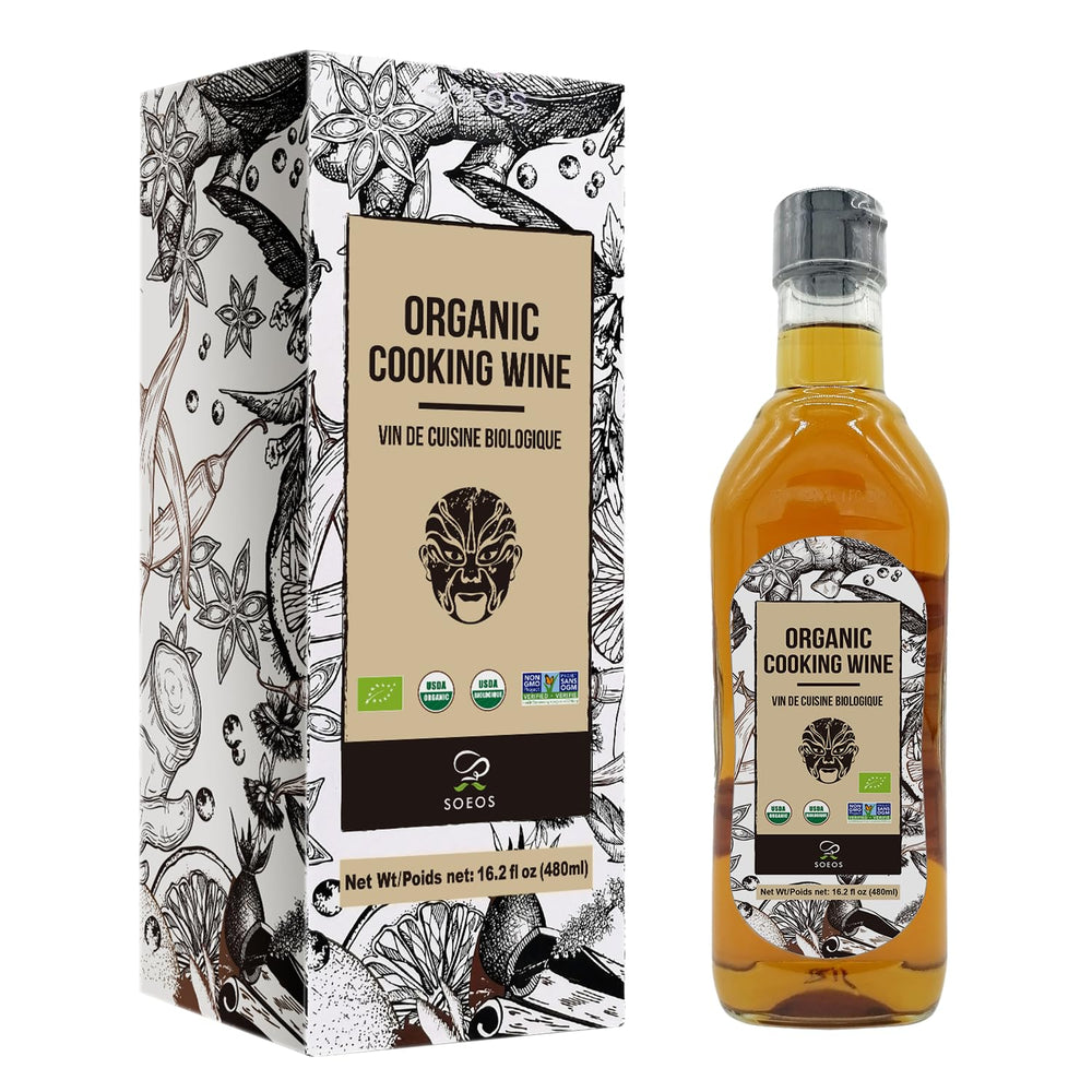 Soeos Organic Shaoxing wine bottle pouring for quick stir-fry flavor.