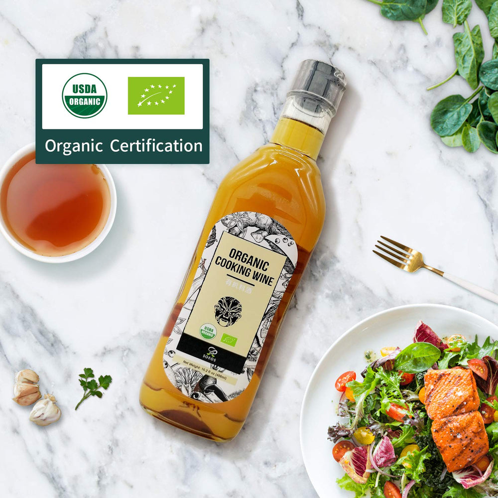 Soeos Organic Shaoxing wine bottle in pantry for easy cooking.