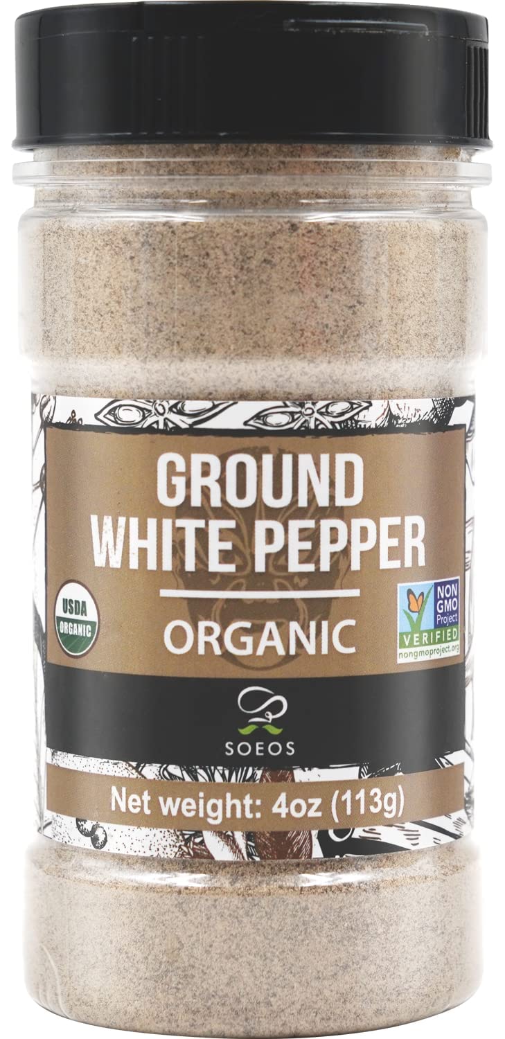 Soeos Organic White Pepper Ground 4oz packaging for fresh kitchen use.