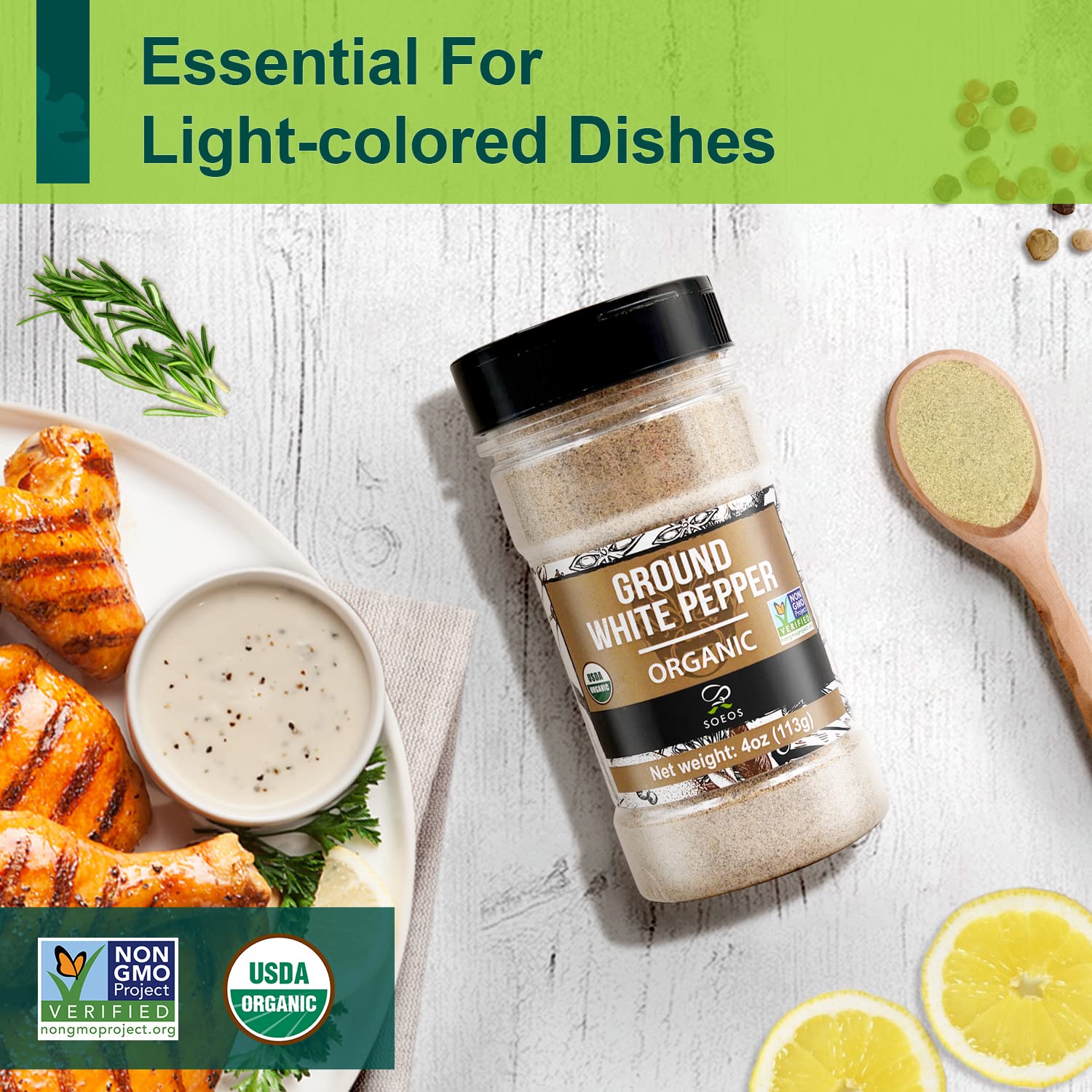 Soeos Organic White Pepper Ground fine powder ideal for precise seasoning.