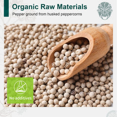 Soeos Organic White Pepper Ground with fresh-seal packaging, preserving aroma and freshness.