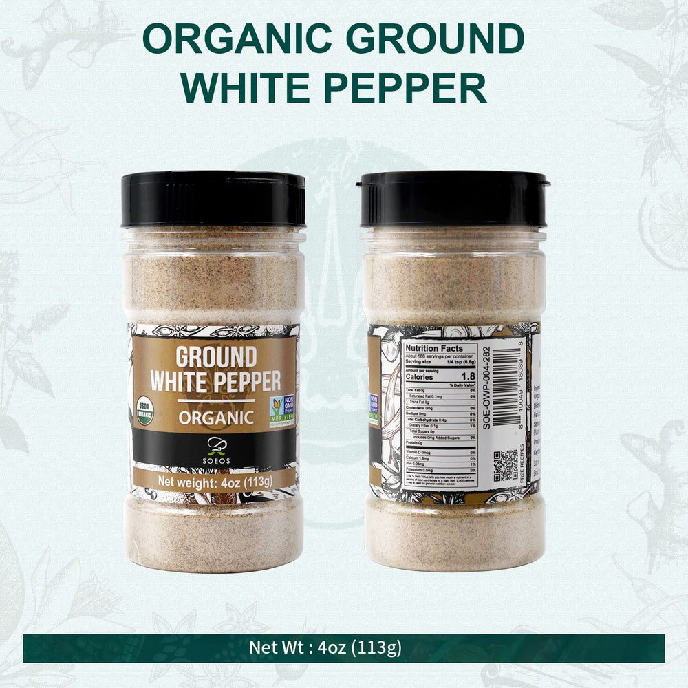 Soeos Organic White Pepper Ground ready on a kitchen counter for quick seasoning.