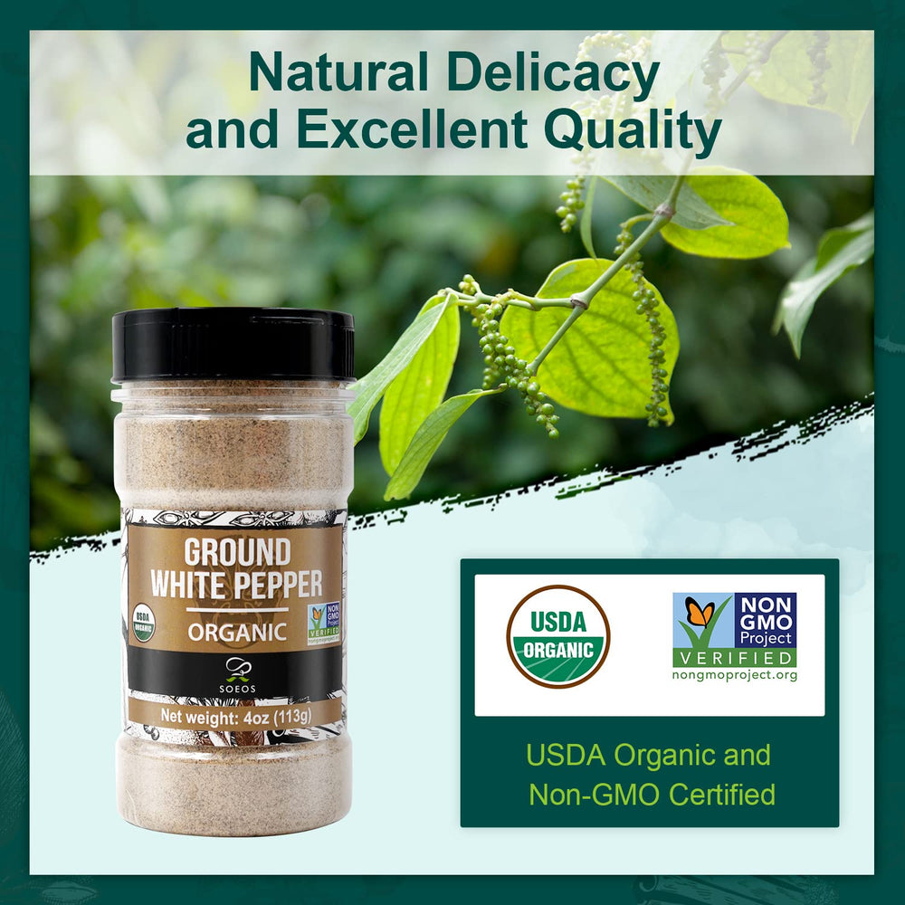 Soeos Organic White Pepper Ground with non-GMO certification label.