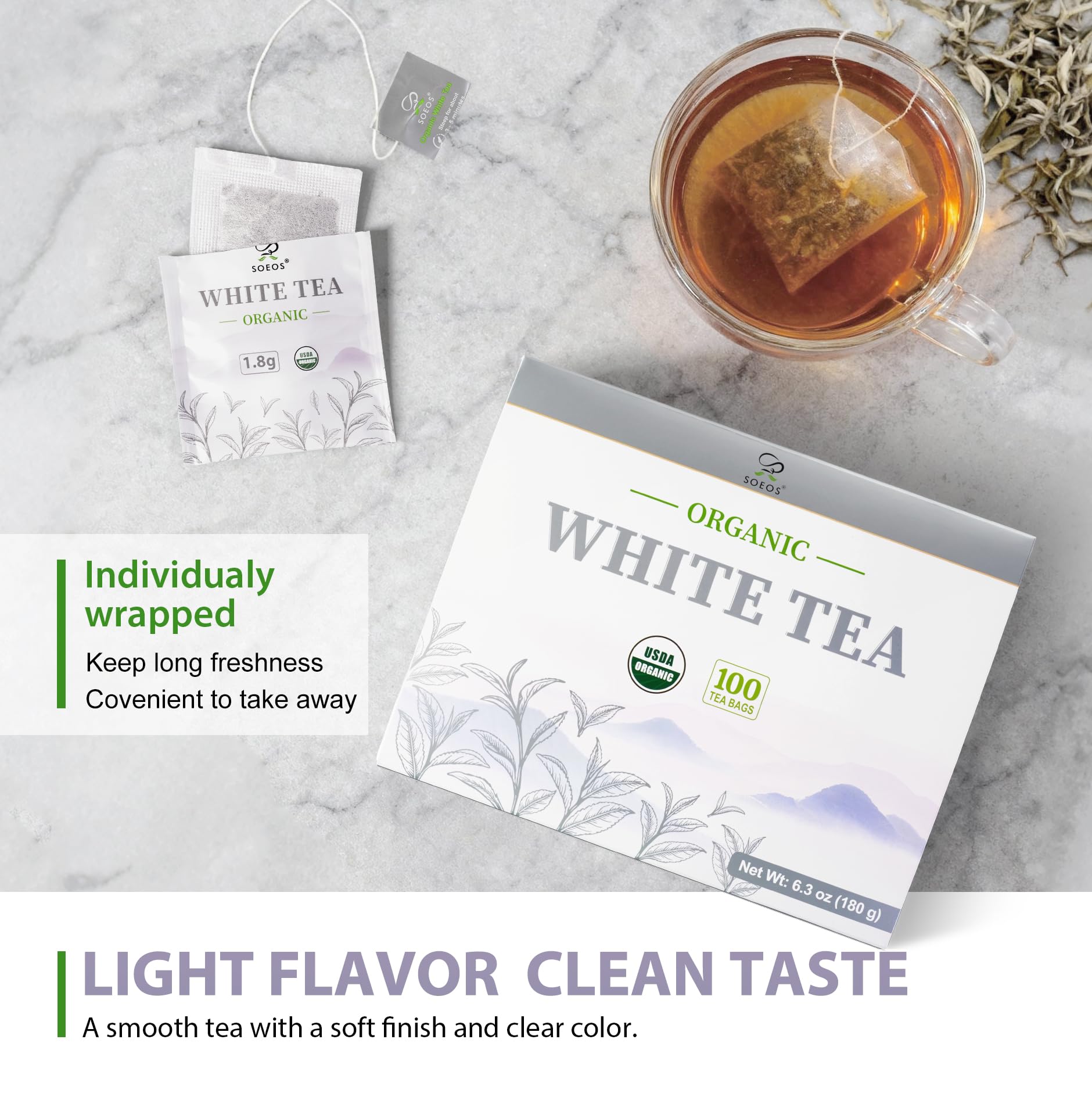Soeos Organic White Tea aroma closeup revealing gentle floral fragrance.