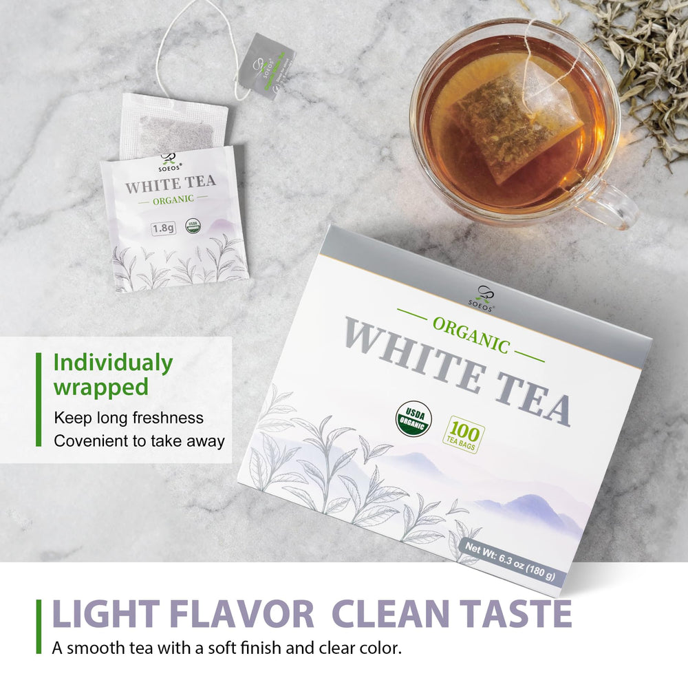 Soeos Organic White Tea aroma closeup revealing gentle floral fragrance.