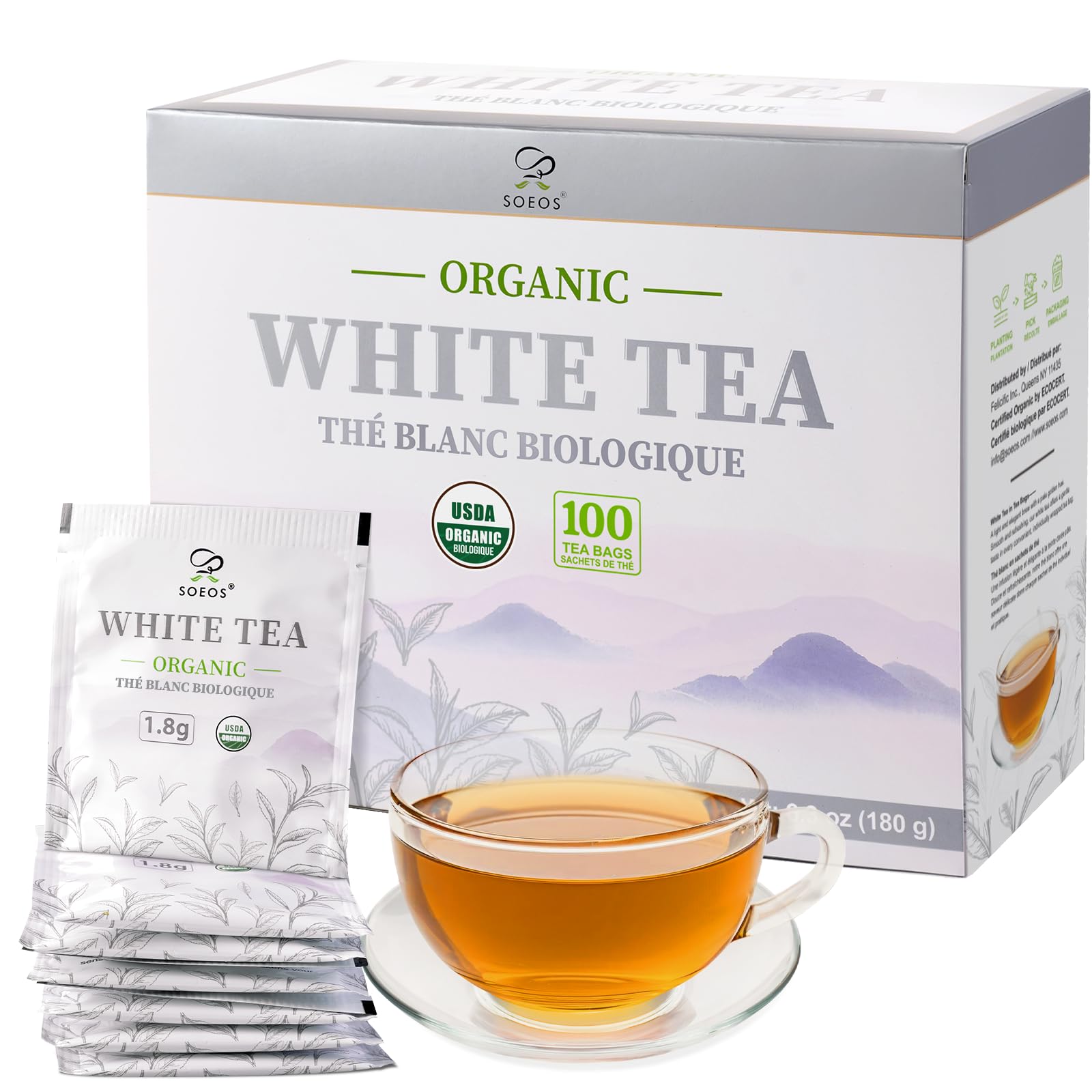 Soeos Organic White Tea box front showing premium packaging for daily brew.