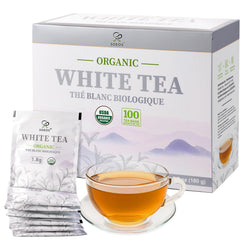Soeos Organic White Tea box front showing premium packaging for daily brew.