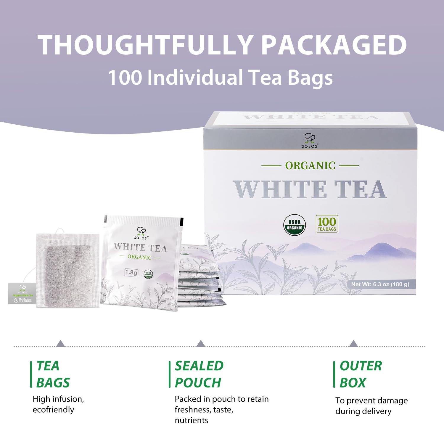 Soeos Organic White Tea brewed cup with delicate, smooth flavor and floral notes.