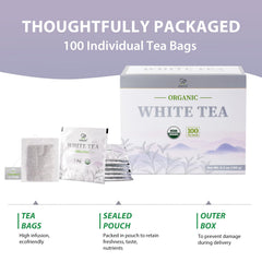 Soeos Organic White Tea brewed cup with delicate, smooth flavor and floral notes.
