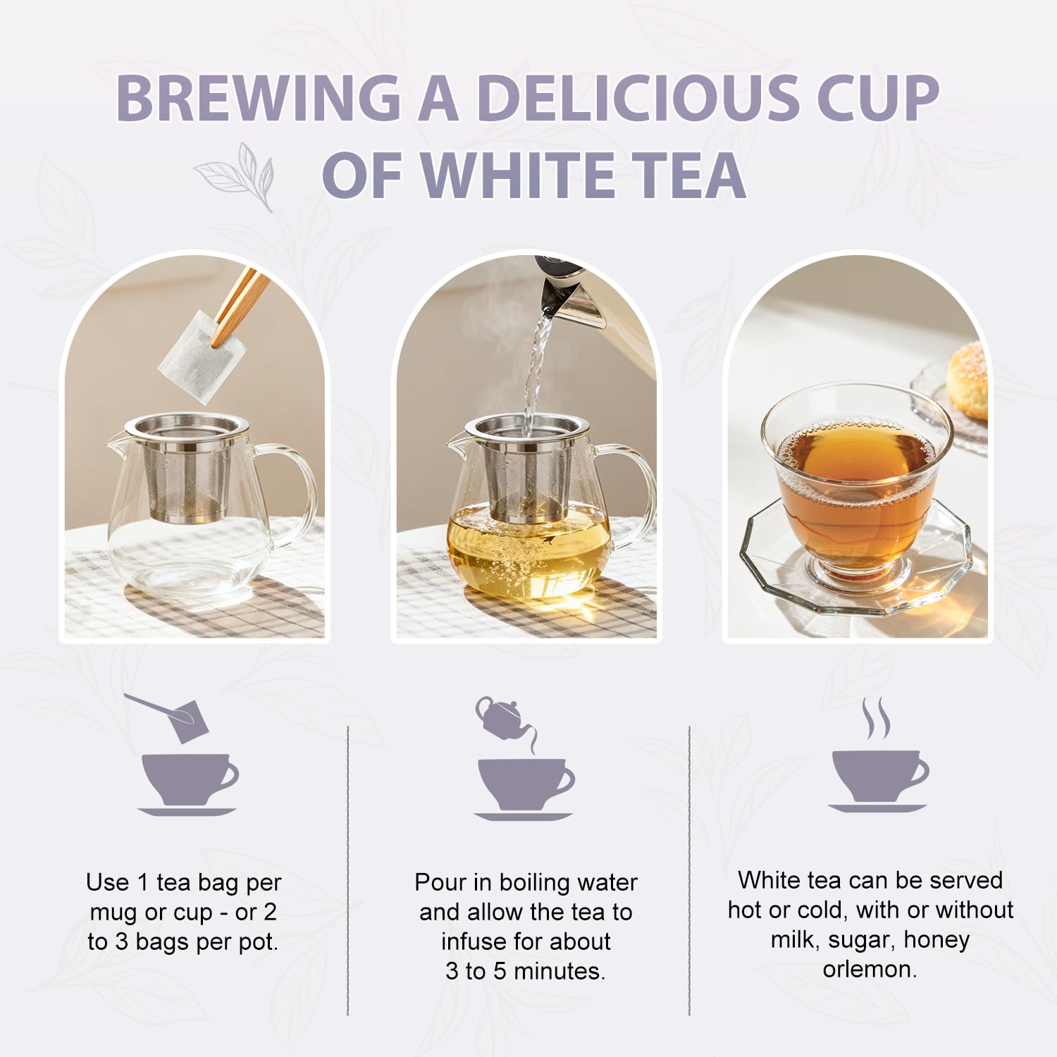Soeos Organic White Tea steaming cup inviting a calm daily ritual.