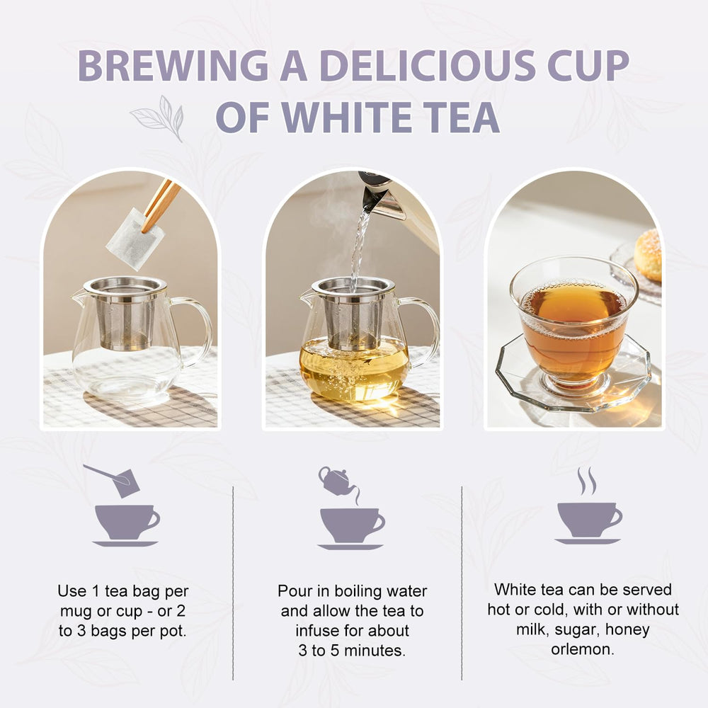 Soeos Organic White Tea steaming cup inviting a calm daily ritual.