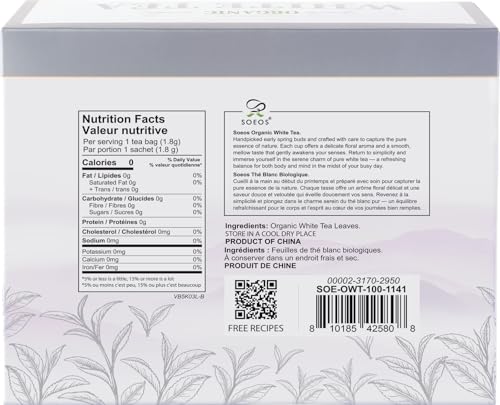 Soeos Organic White Tea teabags closeup with individually wrapped freshness.