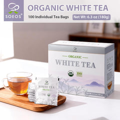 Soeos Organic White Tea teabags packaging closeup highlighting organic certification.