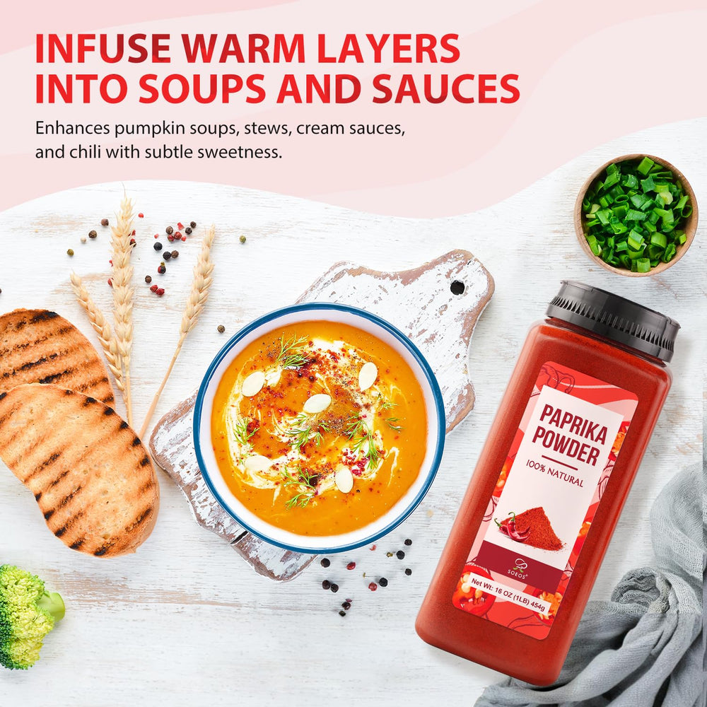 Soeos Paprika Powder in a steaming soup for warmth and color