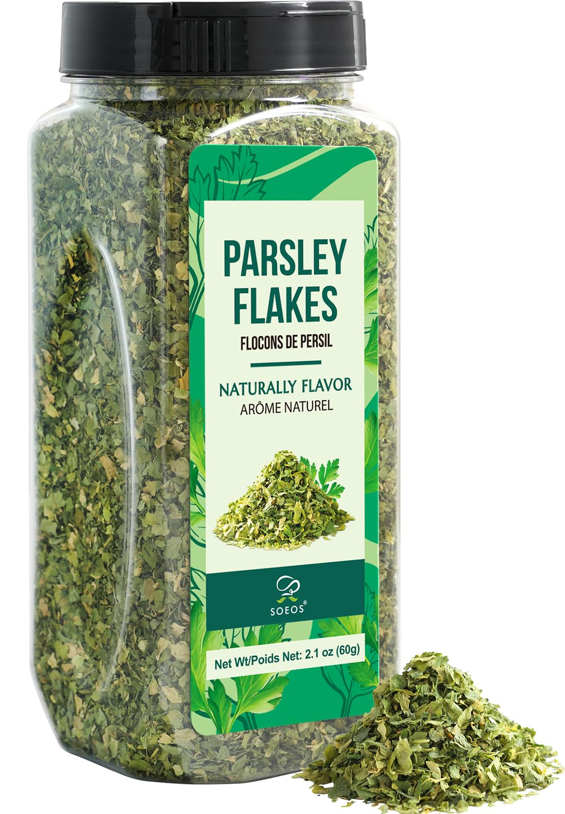 Soeos parsley flakes bottle ensures fresh flavor in soups and pastas.