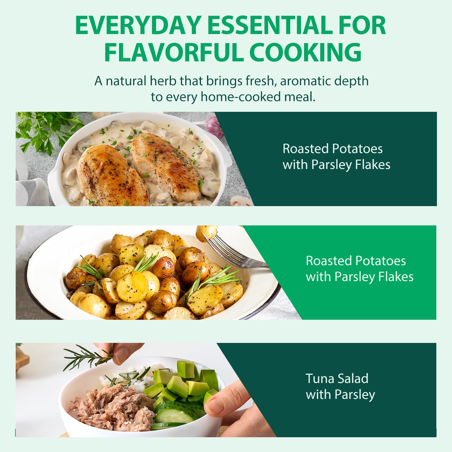 Soeos parsley flakes packaging on a kitchen shelf emphasizes durability and freshness.
