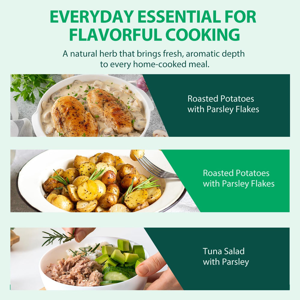 Soeos parsley flakes packaging on a kitchen shelf emphasizes durability and freshness.