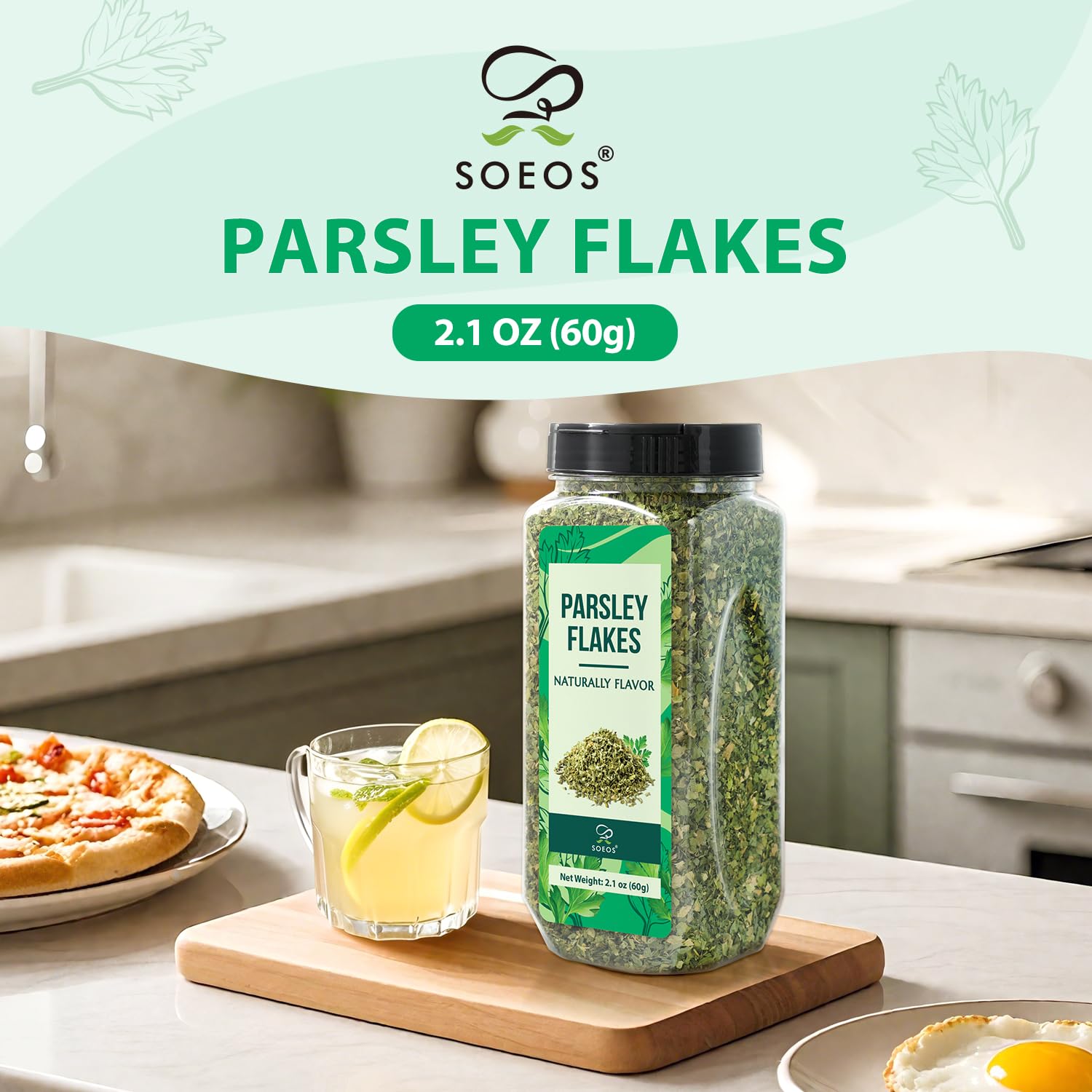 Soeos parsley flakes label detail communicates purity and ingredient transparency.