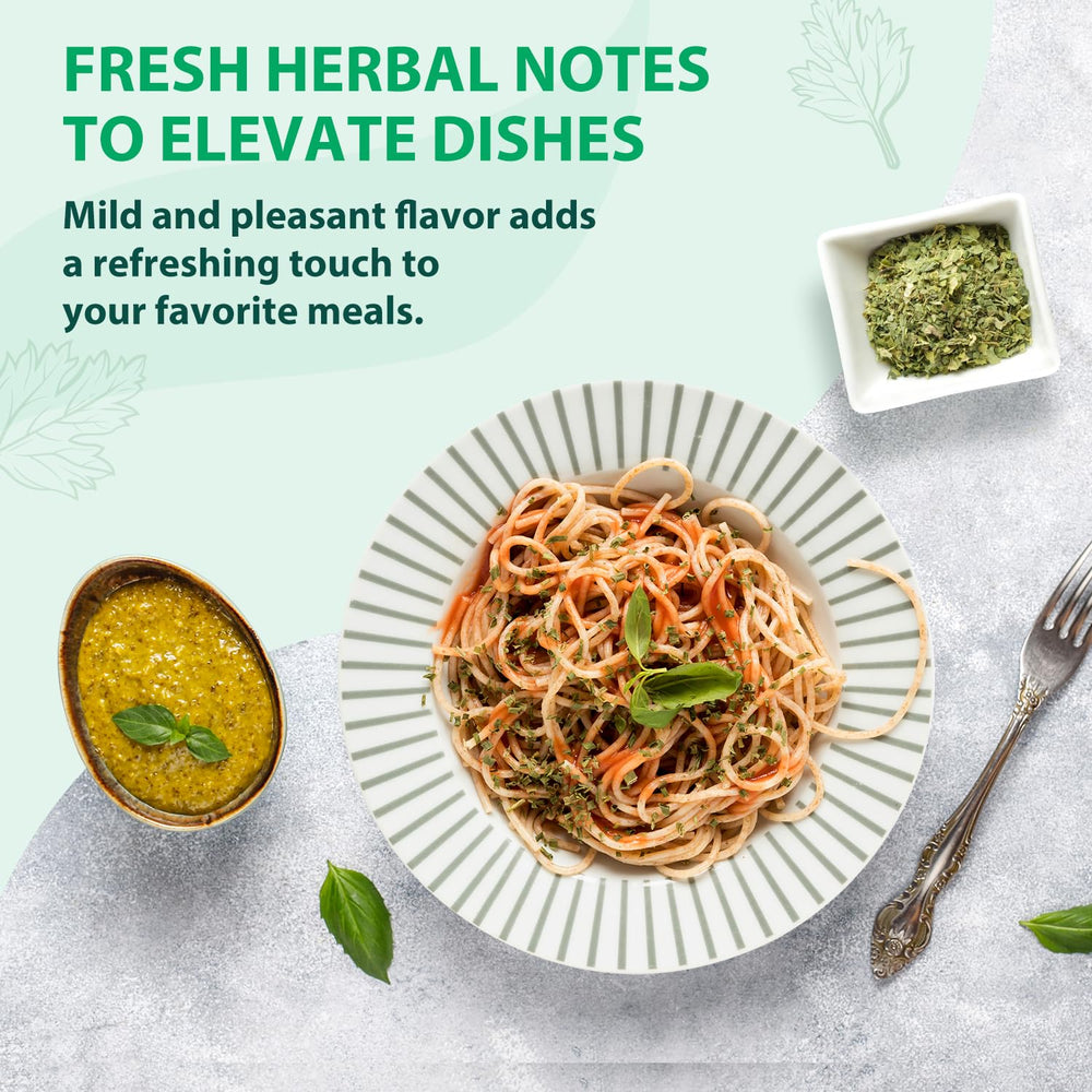 Soeos parsley flakes leaves closeup highlights fresh herbaceous aroma.