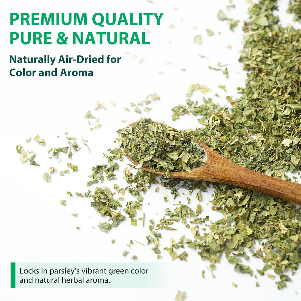 Soeos parsley flakes pour closeup captures vibrant green texture for garnishing.