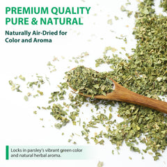 Soeos parsley flakes pour closeup captures vibrant green texture for garnishing.