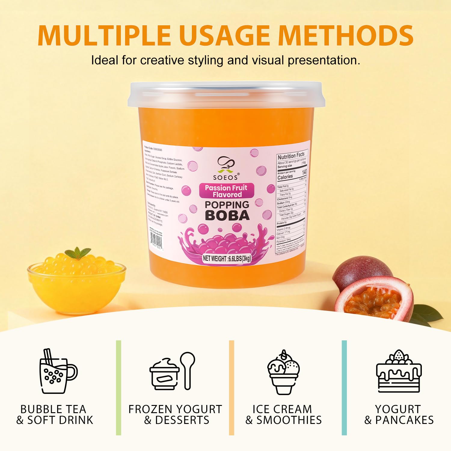 Soeos passion fruit popping boba in a dessert bowl, colorful topping